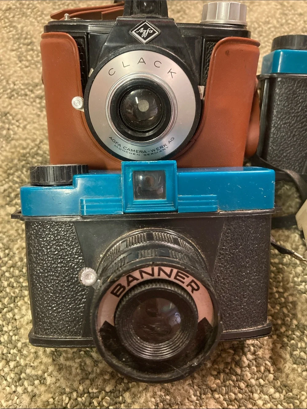 4 vintage film cameras plastic cycle up decor shelf pieces props as is